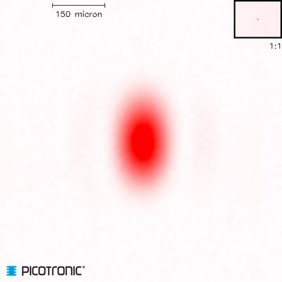 Red glowing point at the centre of a white background with blurred edges. Scale indication of '150 micron' located top left.