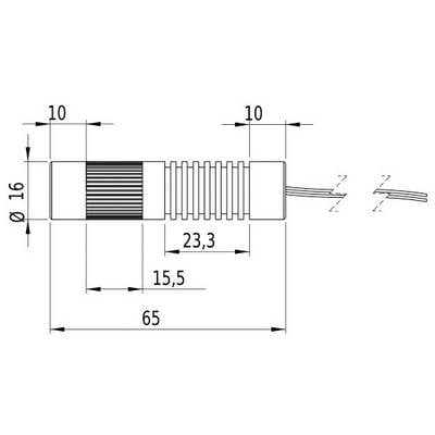 Diagram of a cylindrical part with dimensions: length 65 mm, diameter 16 mm, 10 mm segments, and ribbed area of 23.3 mm.