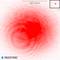 Pattern of a laser beam in the red spectrum, centrically concentrated with enlarged section top right, scale: 500 microns.