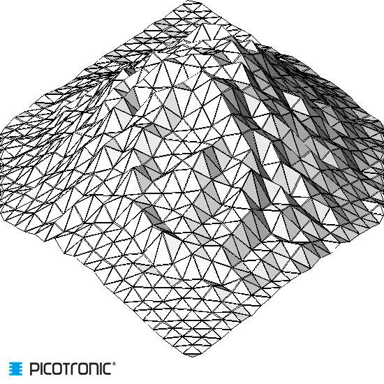 '3D wire-frame model of a mountain, geometrically overlaid with triangles.'