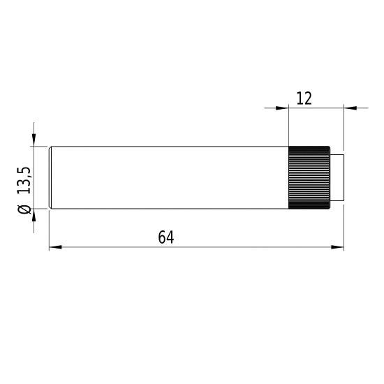 Technical drawing of an elongated cylinder with dimensions: Length 64 mm, Diameter 13.5 mm. Right-hand end is a knurled section of 12 mm.