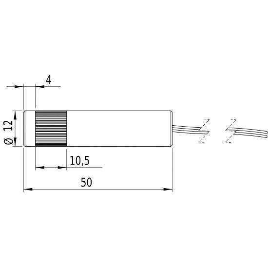 'Technical drawing of a cylindrical object with dimensions: length 50 mm, diameter 12 mm, ribbed segment 10.5 mm.'