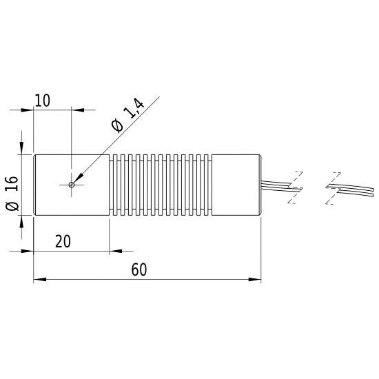 Technical drawing of a cylindrical component with grooves. Dimensions: 60 mm length, 16 mm diameter, axial hole 1.4 mm.