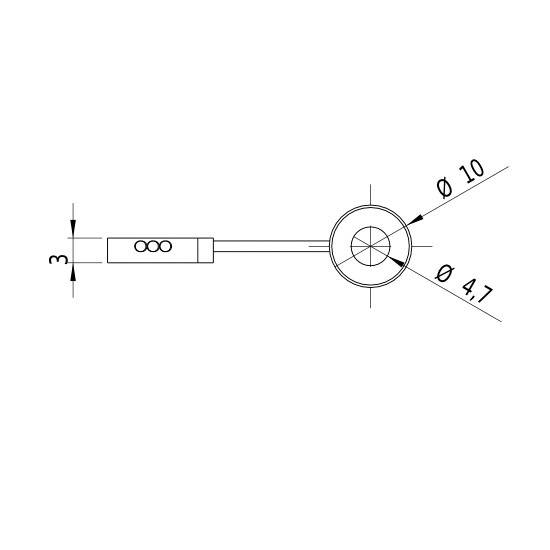 Technical drawing of a connector with an internal diameter of 4.7 mm and an external diameter of 10 mm. Cable connection with markings.