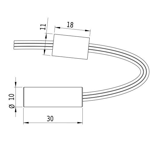 'Technical drawing of a connector with dimensions: Ø 10, length 30, width 18, height 11.'
