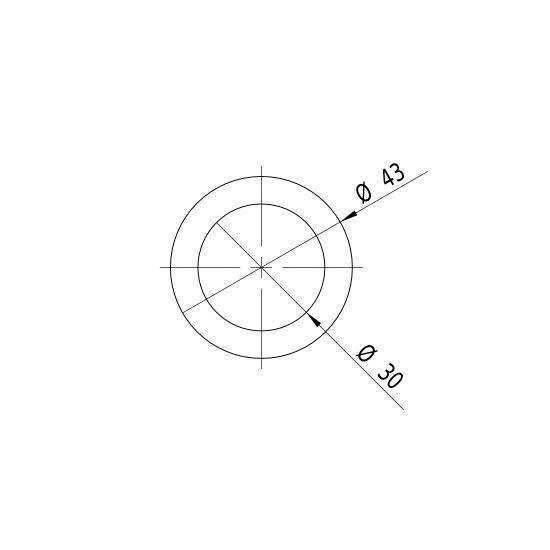 Technical drawing of a circle with an internal diameter of 30 mm and external diameter of 43 mm, centred.