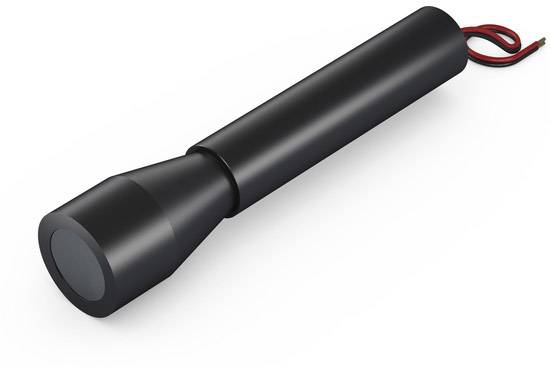Black torch with red cable in the background against a white backdrop, viewed from the side.