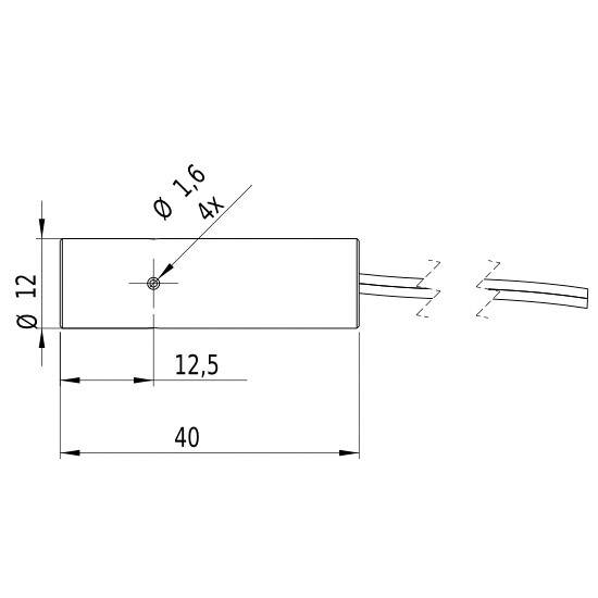 Technical drawing of a cylindrical component. Dimensions: Diameter 12 mm, Length 40 mm, Bore 1.6 mm. Cable connections on the right.