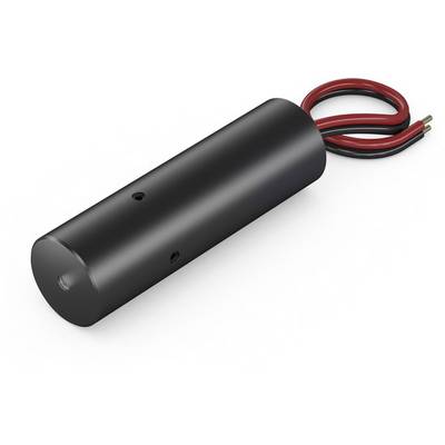 A cylindrical, black drive with two protruding cables, one red and one black, for power supply.