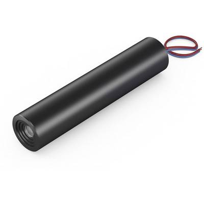 A cylindrical, black electronic component with red and blue cables at its ends, against a white background.