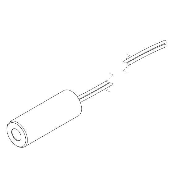 Two-core cable with exposed wire tip, severed line with marked fracture point.
