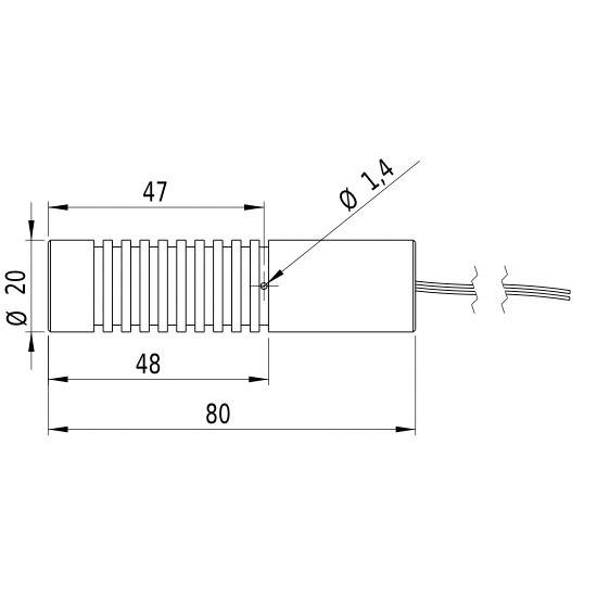 Technical drawing of a cylindrical part with dimensions: length 80 mm, diameter 20 mm, bore 1.4 mm. Left: grooved area.