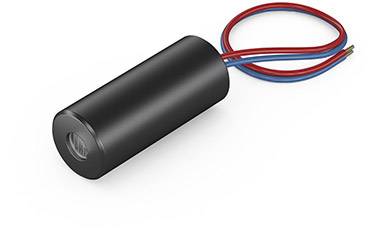 A cylindrical, black transformer with two protruding wires, one red and one blue, which can be connected.