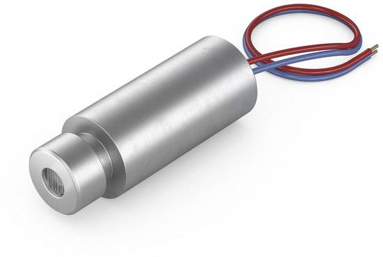 Cylindrical electrical magnet with two protruding cables in red and blue, manufactured from gleaming metal.