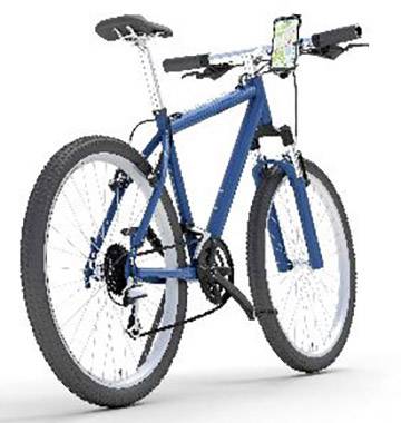 Blue mountain bike with thick tyres and smartphone mount on the handlebars. Ideal for off-road rides and sporting activities.