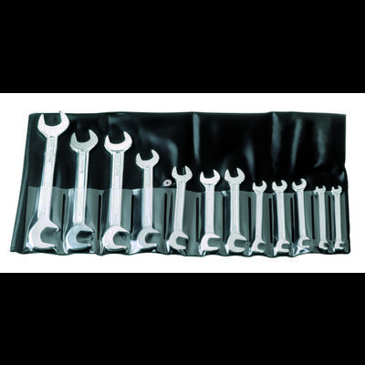 A set of ring spanners in various sizes, arranged in a black roll-up tool bag.
