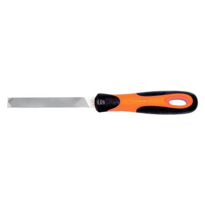 A file with an ergonomic black and orange handle and a flat, metallic surface.