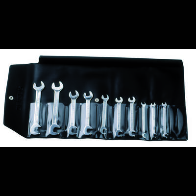 A set of nine spanners in various sizes, neatly arranged on a black tool bag.
