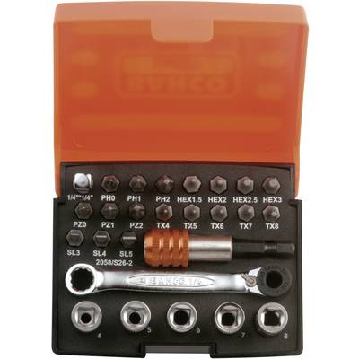 A tool set with a ratchet and various bits and socket keys in an orange box. Includes TX, PH, HEX and SL bits.