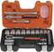 An opened socket wrench set in an orange-black case shows various sockets, a ratchet, and extensions.