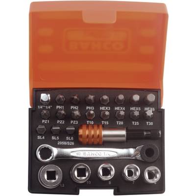 A screwdriver set with various bits and attachments, organised in an orange box. Includes bits such as PH1, T20, and HEX4.