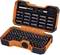An open, orange toolbox containing a variety of metal drill and screwdriver bits in different shapes and sizes.
