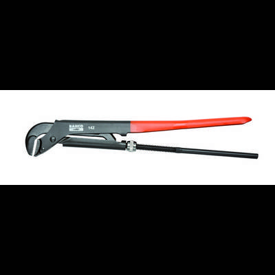 A red and black water pump pliers, model 'Bahco 142', on a white background. Suitable for gripping and holding pipes.