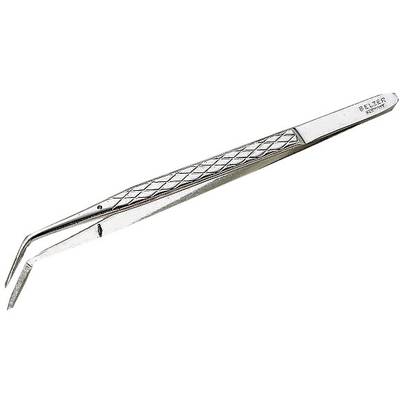 A metal tweezers with ridged handles lies on a white surface. It has a curved tip for precise gripping.