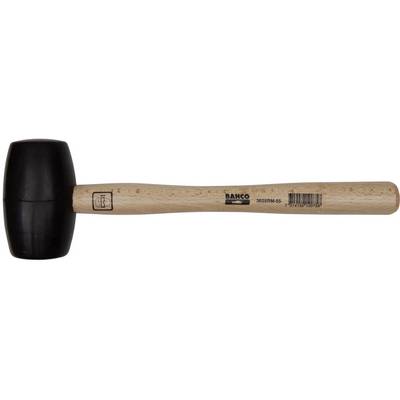 Rubber hammer with wooden handle, black round head on the left. Tool for gentle hammering without damaging the surface.