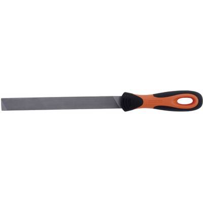 A flat metallic scraper with an ergonomic handle in black and orange, suitable for removing paint or deposits.