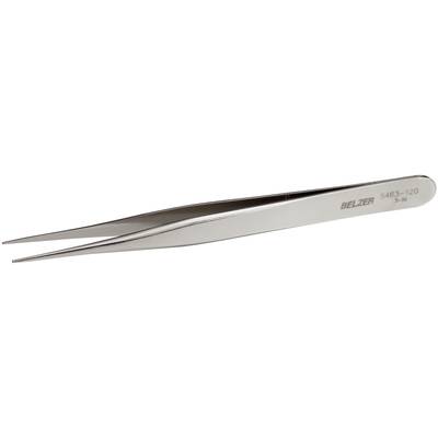 A silver pair of tweezers, marked with 'Belzer 4455-120', rests on a white surface.