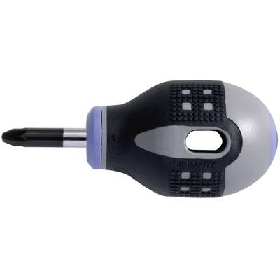 Phillips screwdriver with an ergonomic handle and short shaft, helpful for precise work in confined spaces.