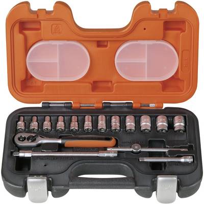 An opened toolbox with socket nuts, ratchet spanners and extension bars in a moulded foam insert.