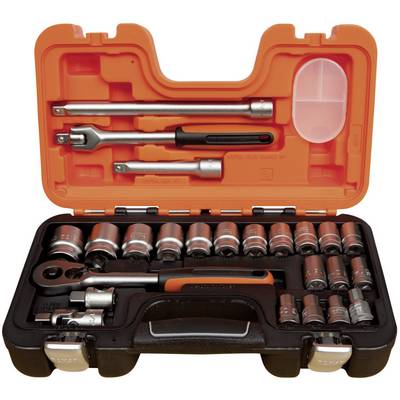Open toolbox with various socket wrenches, ratchet, and accessories, organised in an orange case.