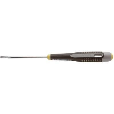 A screwdriver with a black handle and yellow accent. Suitable for loosening or tightening screws.