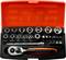 Ratchet spanner set in an open, orange case with 18 sockets and bits in various sizes, including a screwdriver handle.