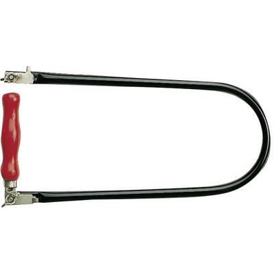 'Hacksaw with red handle, black U-shaped frame, without inserted saw blade.'