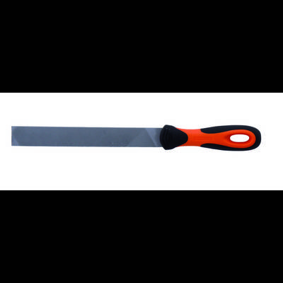 A metal file with a rectangular blade and an orange-black handle, used for smoothing or shaping metal surfaces.