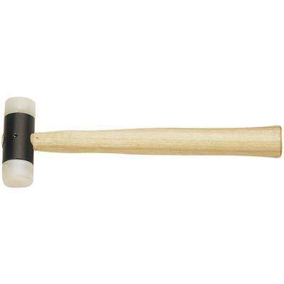 Rubber mallet with a wooden handle, black metal insert, and white plastic heads at both ends.
