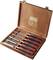 An open wooden case contains six sharp chisels with red and black handles, securely arranged in foam inserts.