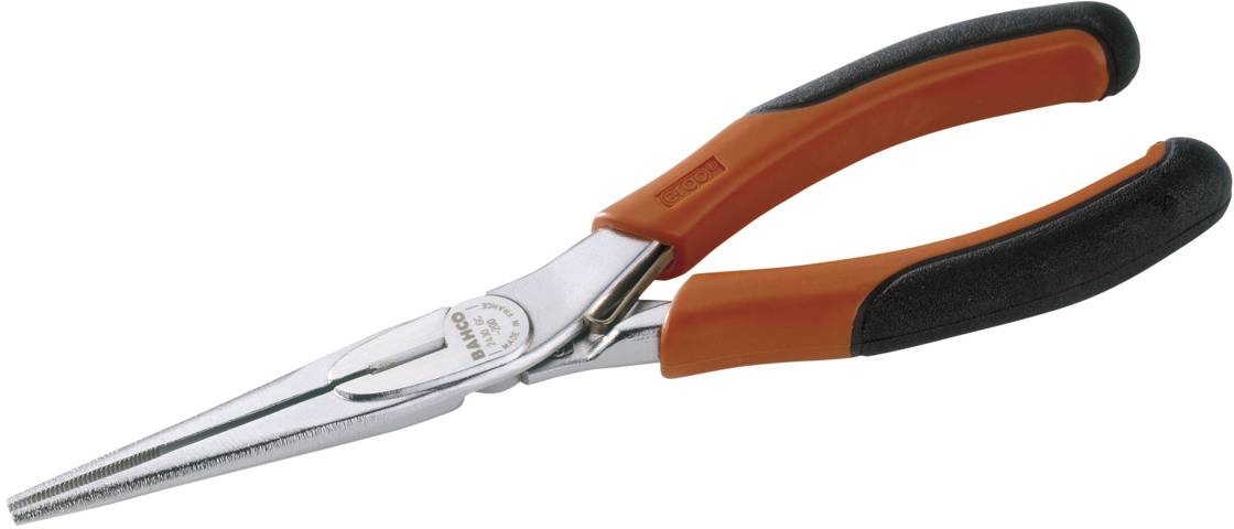 Long-nose pliers with an orange-black handle, suitable for precise work in hard-to-reach areas.