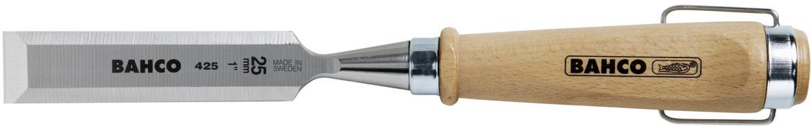 Wood chisel with wooden handle and metal blade, 'Bahco' brand.
