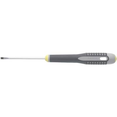 Flathead screwdriver with a grey ergonomic handle, suitable for general assembly and repair work.