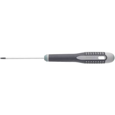 A screwdriver with a black handle and silver tip is lying horizontally.