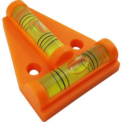 Orange spirit level with two vials for measuring vertical and horizontal planes, on a triangular base.