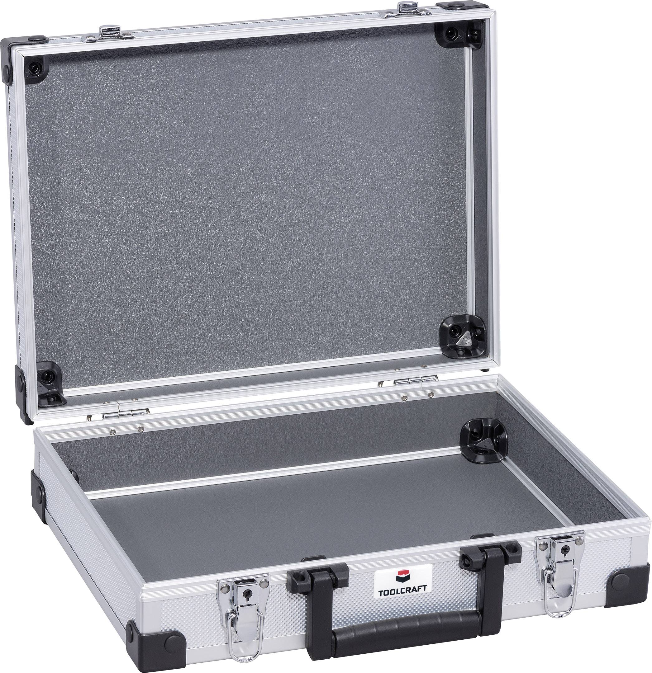 An open, empty silver toolbox with a grey interior and black clasps.