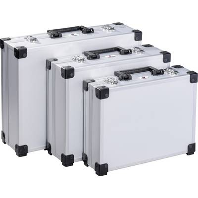Three silver toolboxes of varying sizes, arranged side by side. They have black handles and metal corner reinforcements.