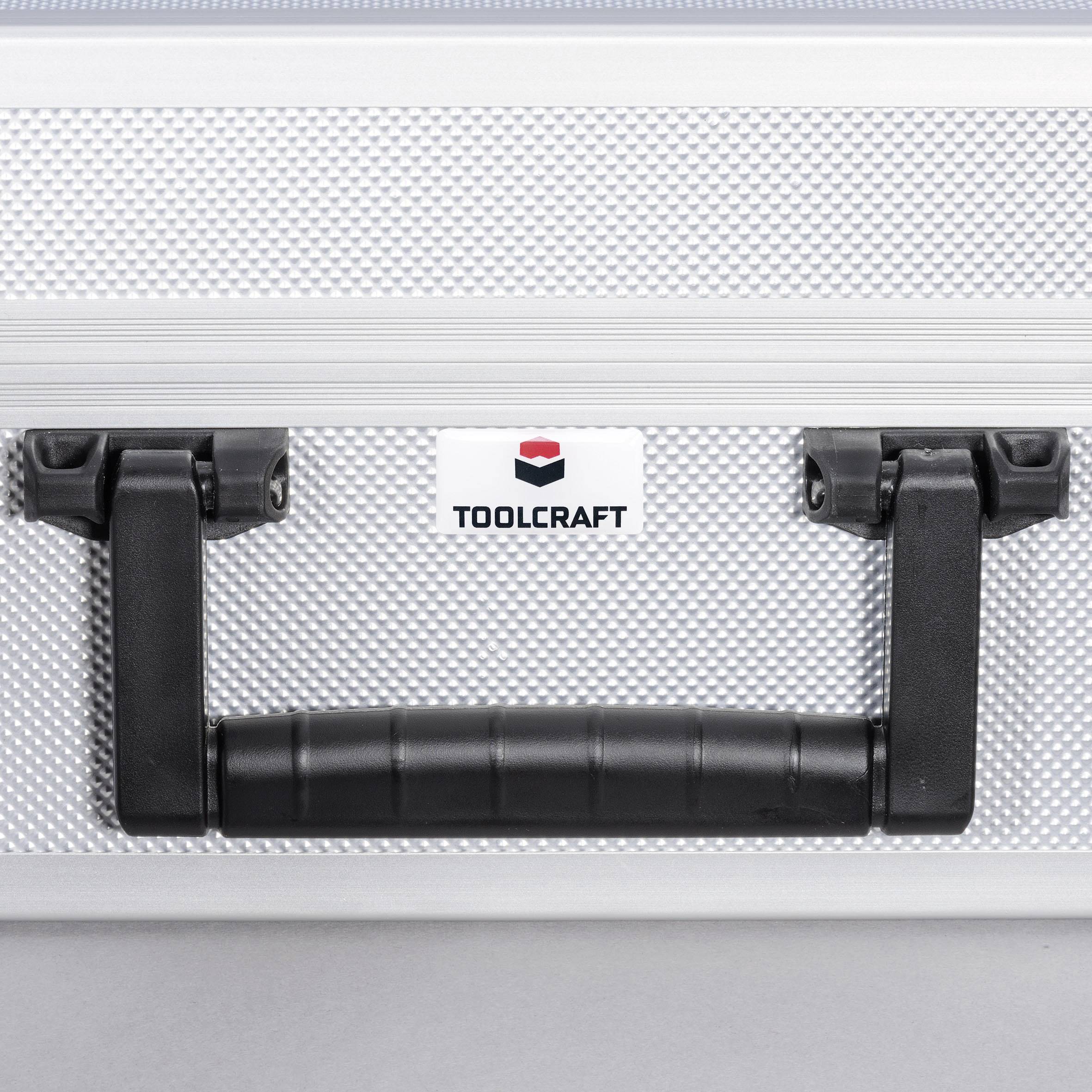 Silver tool case with a black handle, featuring a 'TOOLCRAFT' logo.