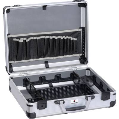 Open tool case with compartments and elastic holders in the lid, suitable for storing and organising tools.