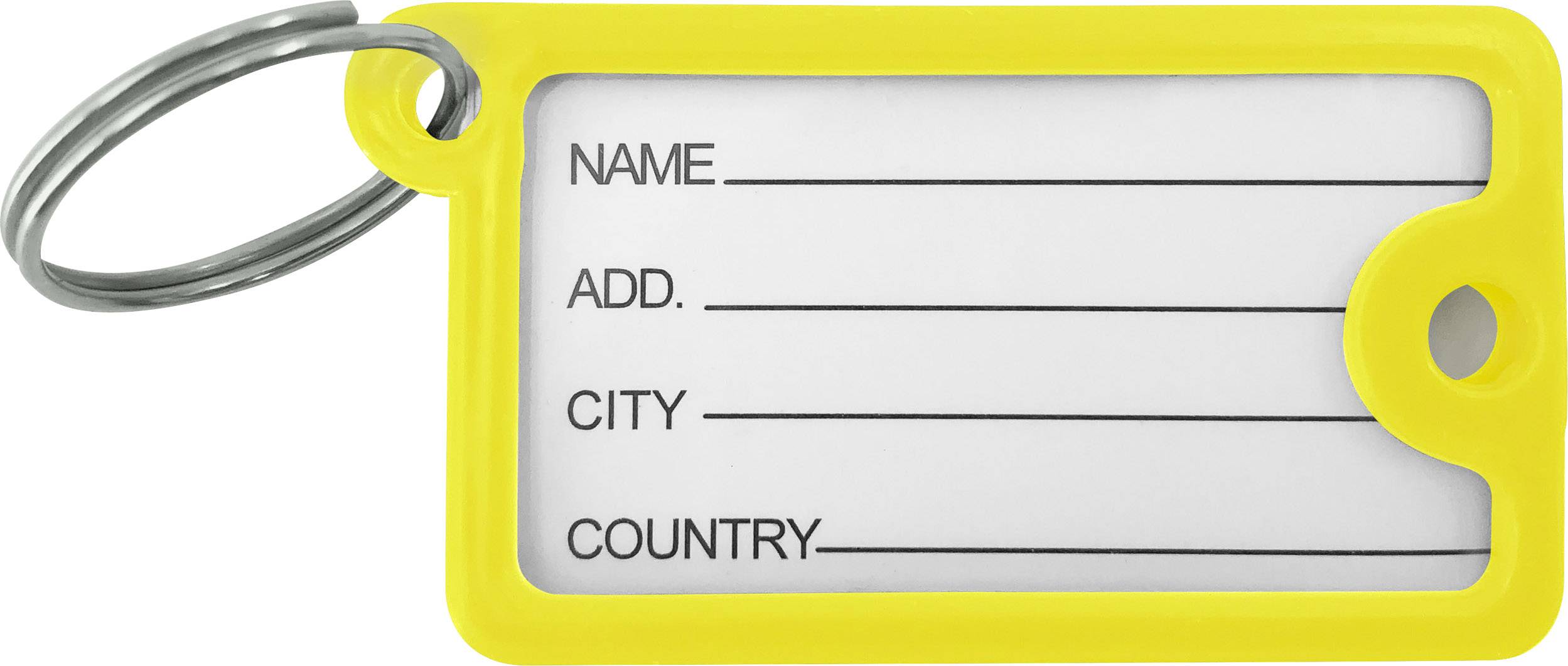 Yellow luggage tag with lines for 'Name', 'Address', 'City', 'Country'. Fields are blank. Tag for identifying luggage.